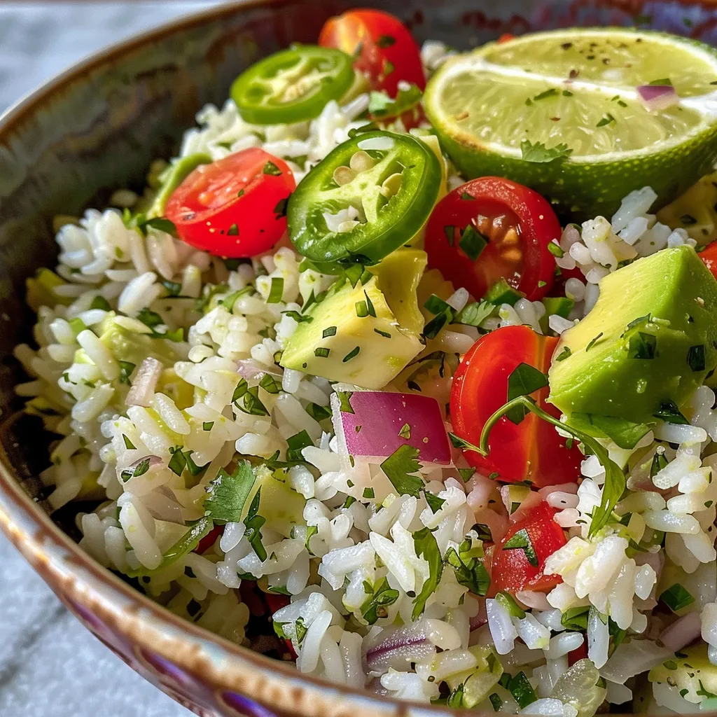 Side angle image of a vibrant salad featuring avocado, rice, and cherry tomatoes.