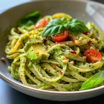 Close-up of creamy avocado pasta with diced chicken, garnished with herbs.