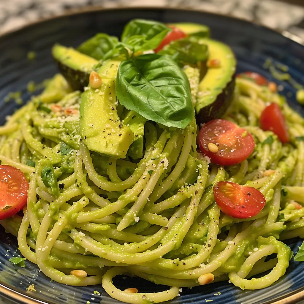 Close-up of creamy avocado pasta featuring linguine, chicken pieces, and basil leaves.