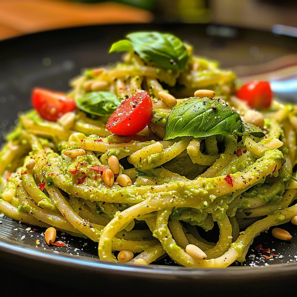 Side angle of a bowl filled with avocado pasta garnished with nuts and herbs.