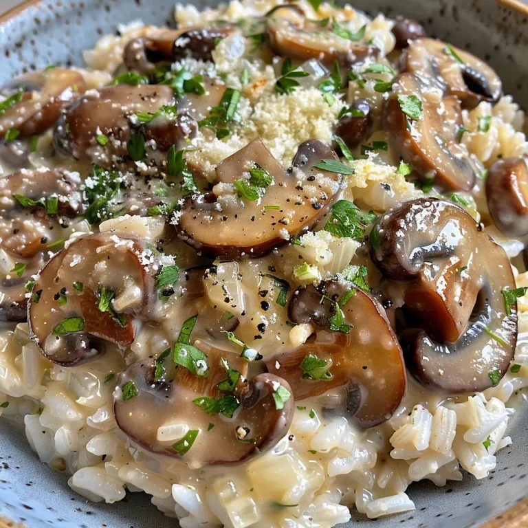 A Wholesome Delight Your New Favorite Creamy Mushroom Rice Bowl A close-up view of a creamy butter garlic mushroom rice bowl garnished with herbs.