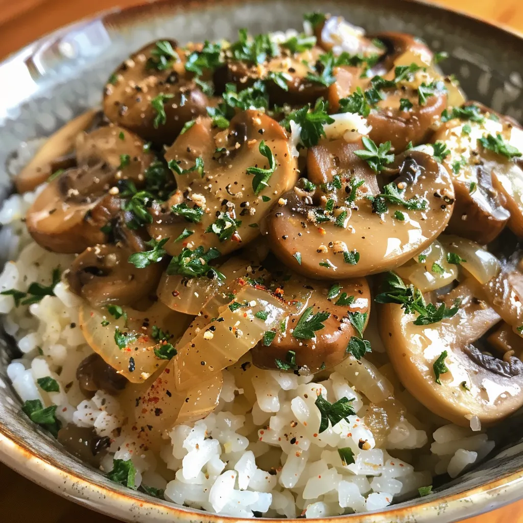 A side view of a delicious rice bowl filled with creamy mushroom sauce and fresh herbs.