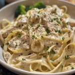 Creamy Chicken Alfredo Pasta with broccoli, garnished with parsley.