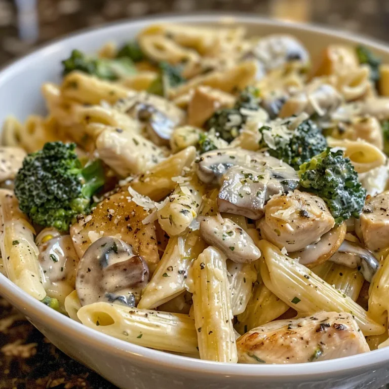 Creamy Chicken Pasta Bowl featuring roasted veggies and potatoes.
