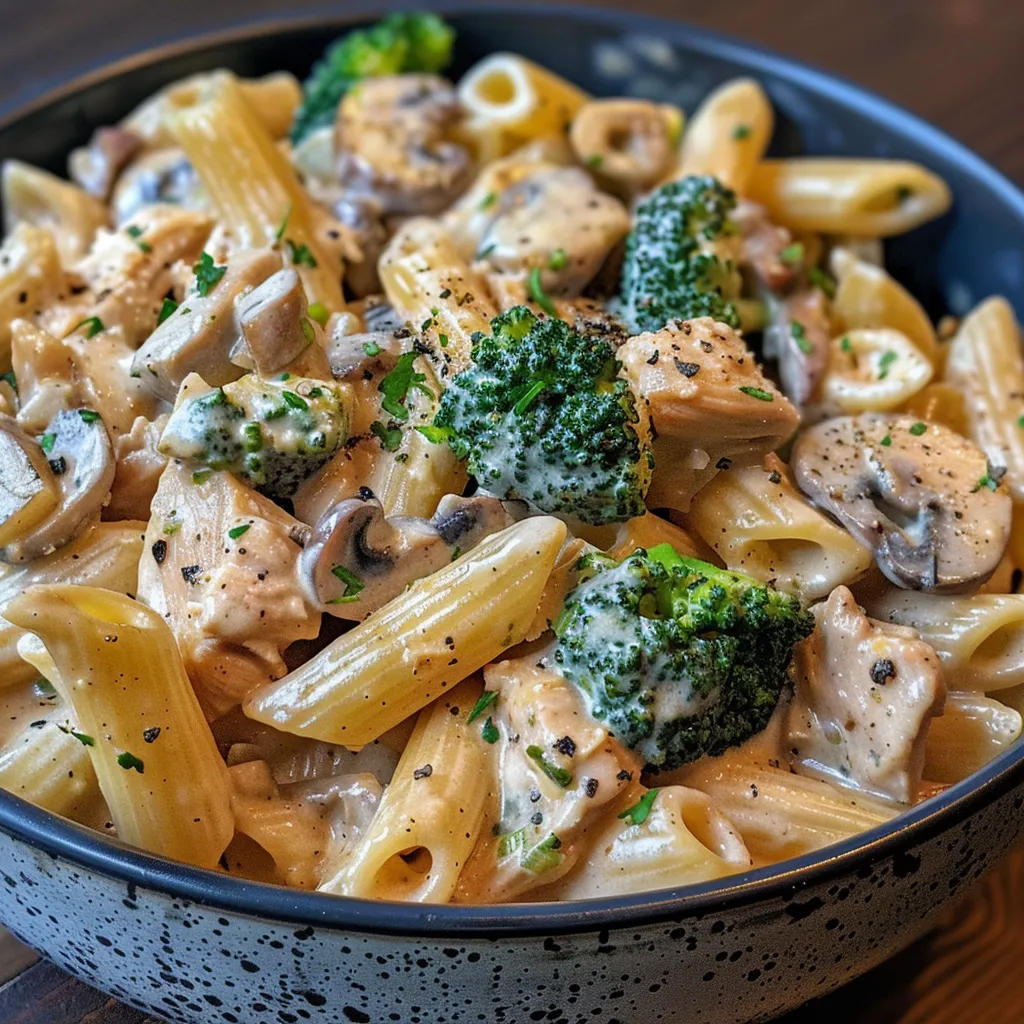 Close-up of a delicious creamy pasta bowl with chicken and vegetables.