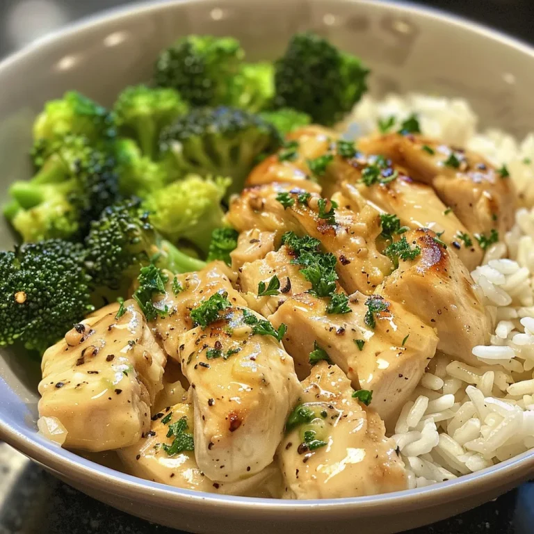 Whip Up This Creamy Garlic Chicken Rice Bowl for a Cozy Dinner Close-up of creamy garlic chicken rice bowl with broccoli on a wooden table.
