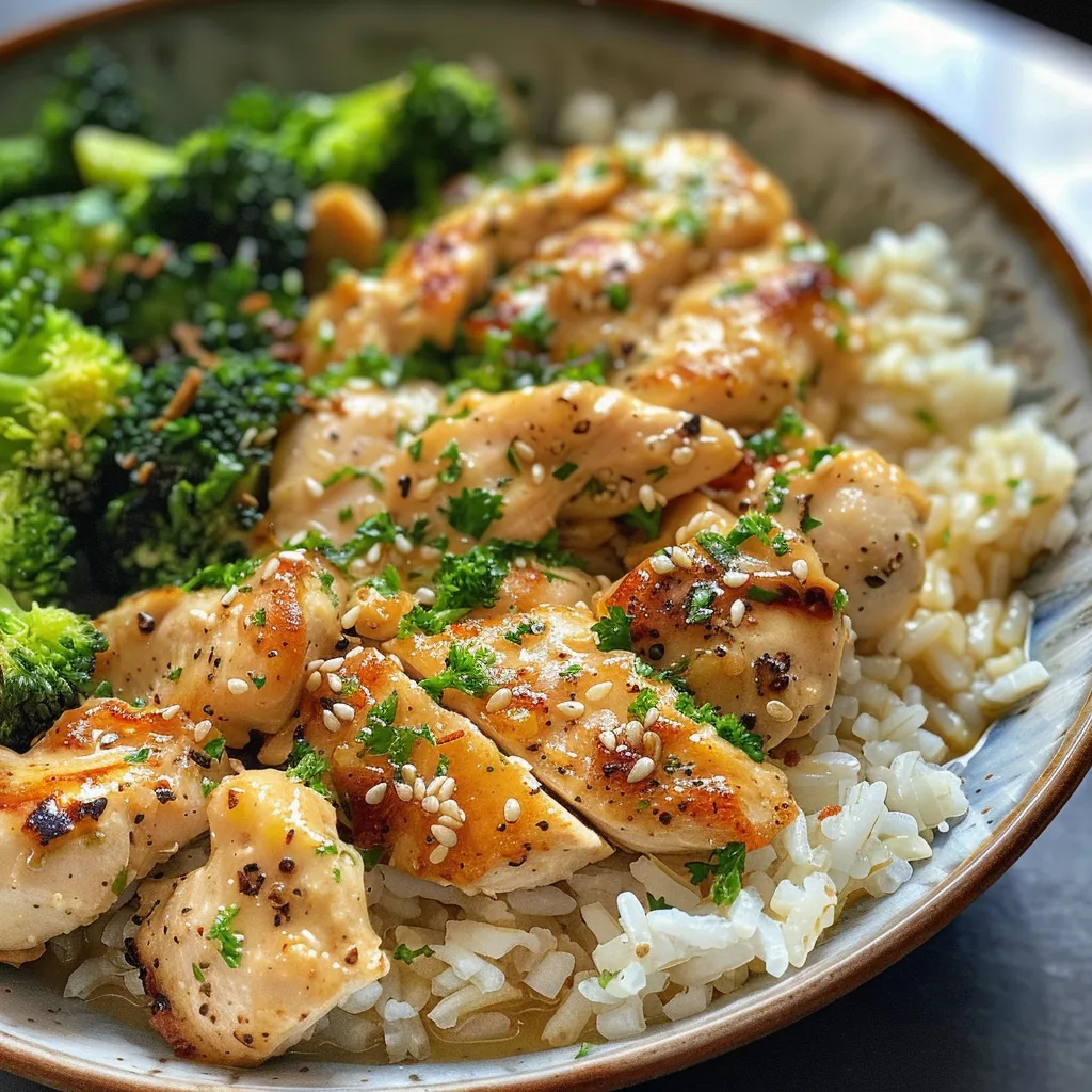 Juicy chicken pieces in a creamy sauce served over rice with broccoli.