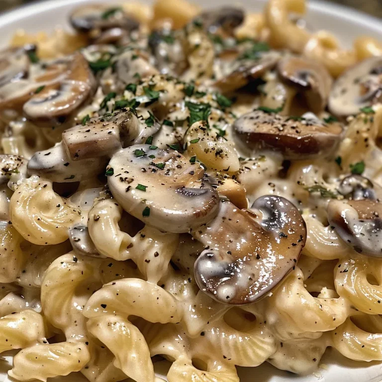Quick and Cozy Creamy Garlic Mushroom Pasta for Any Night A close-up view of creamy garlic mushroom pasta garnished with fresh thyme.