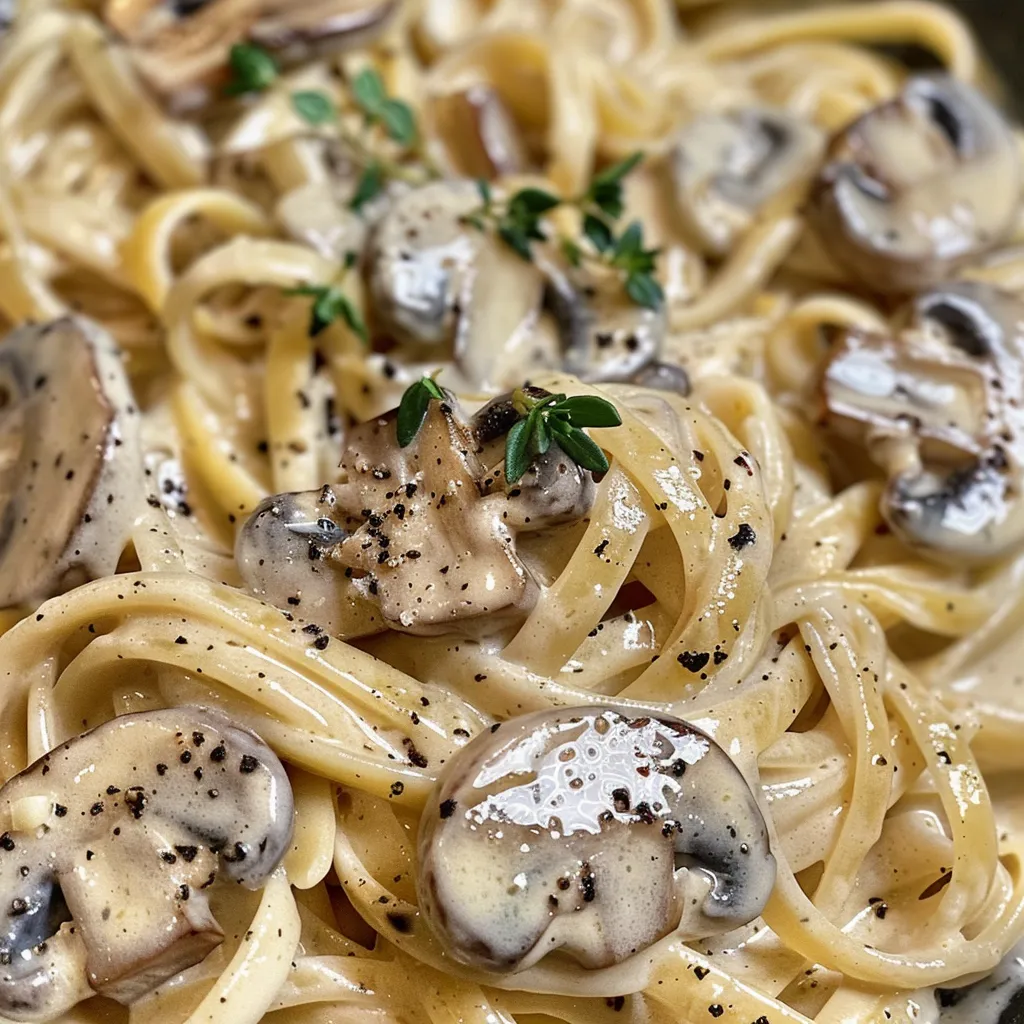 Juicy pasta dish featuring sliced mushrooms and spinach, topped with creamy sauce.
