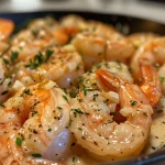 A close-up view of creamy garlic shrimp served over fluffy mashed potatoes.