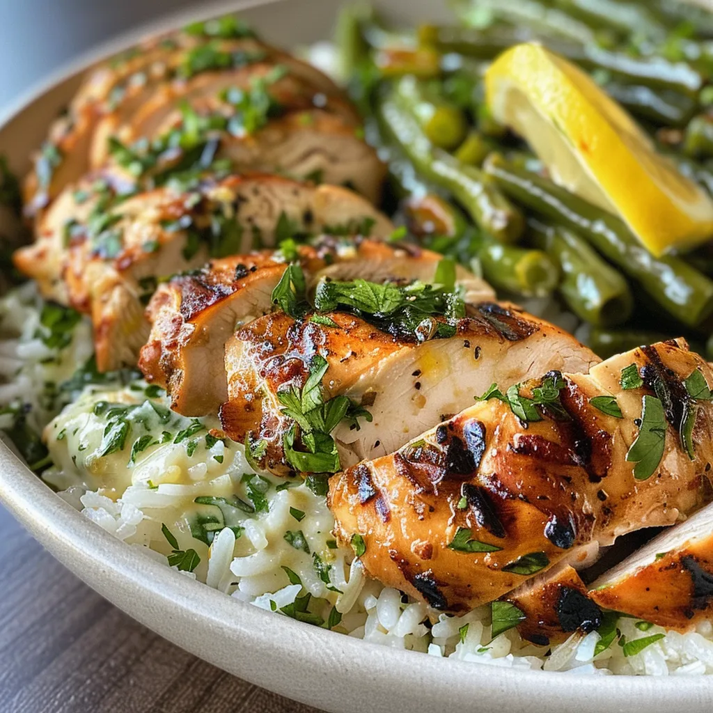 Side view of a bowl filled with grilled chicken, creamy sauce, and rice.