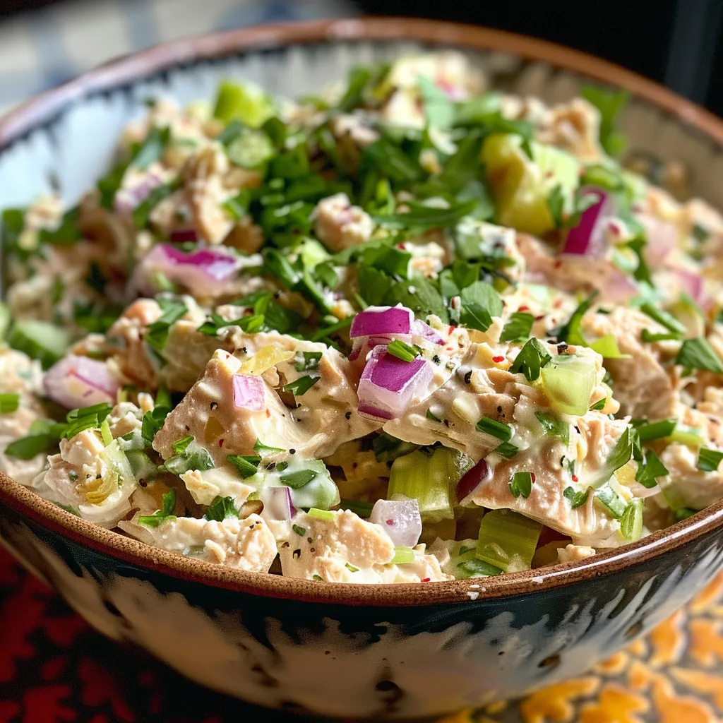Side view of a vibrant tuna salad with lemon slices and fresh vegetables.