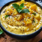 Close-up view of a creamy mango smoothie bowl with chia seeds and coconut flakes.