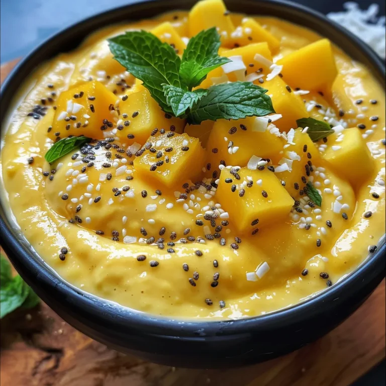 Close-up view of a creamy mango smoothie bowl with chia seeds and coconut flakes.