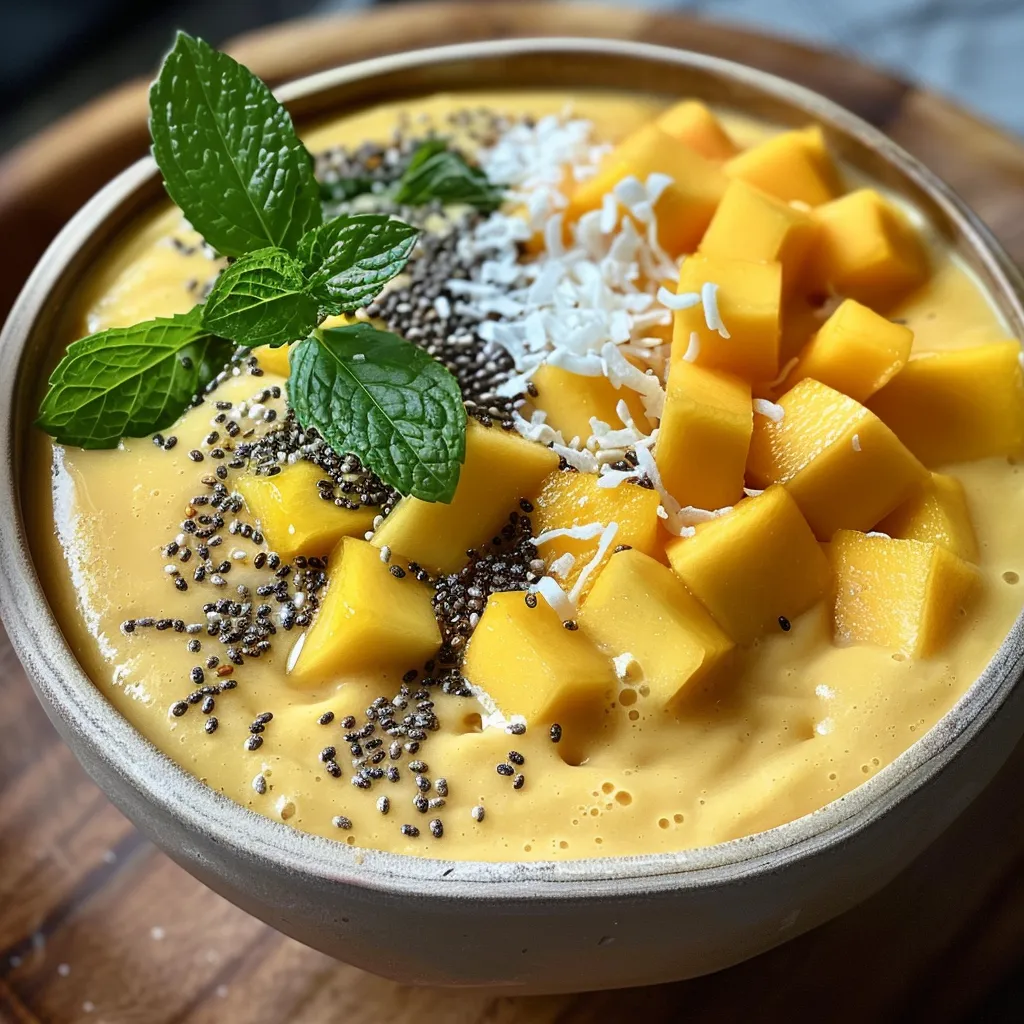 Side angle of a vibrant mango smoothie bowl topped with coconut and chia seeds.