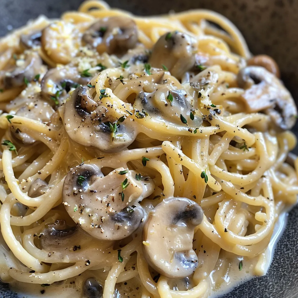 Side view of a bowl filled with creamy miso mushroom pasta, topped with grated Parmesan.