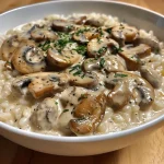 Close-up view of creamy mushroom stroganoff served over rice, highlighting textures and colors.