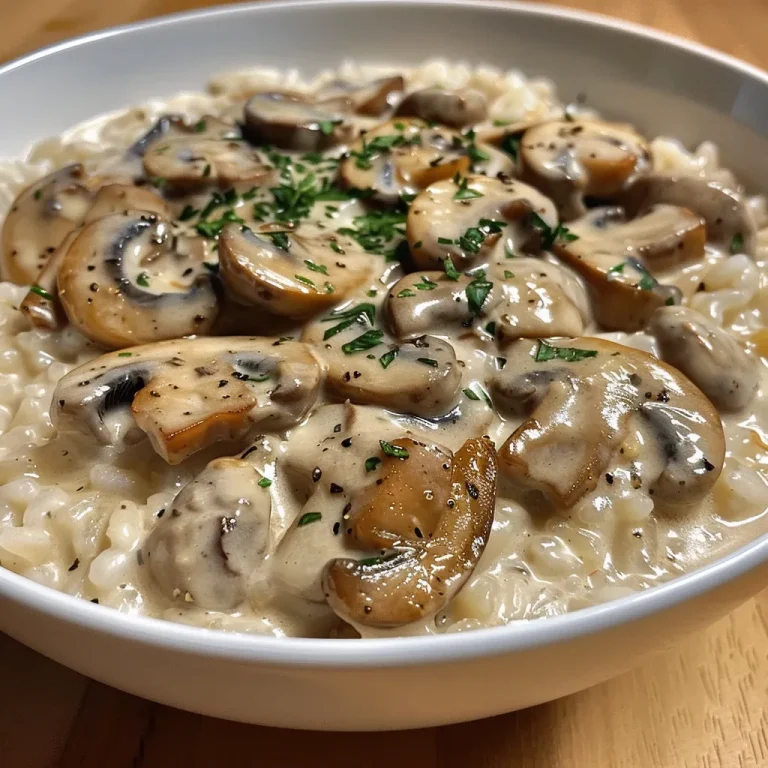 Close-up view of creamy mushroom stroganoff served over rice, highlighting textures and colors.
