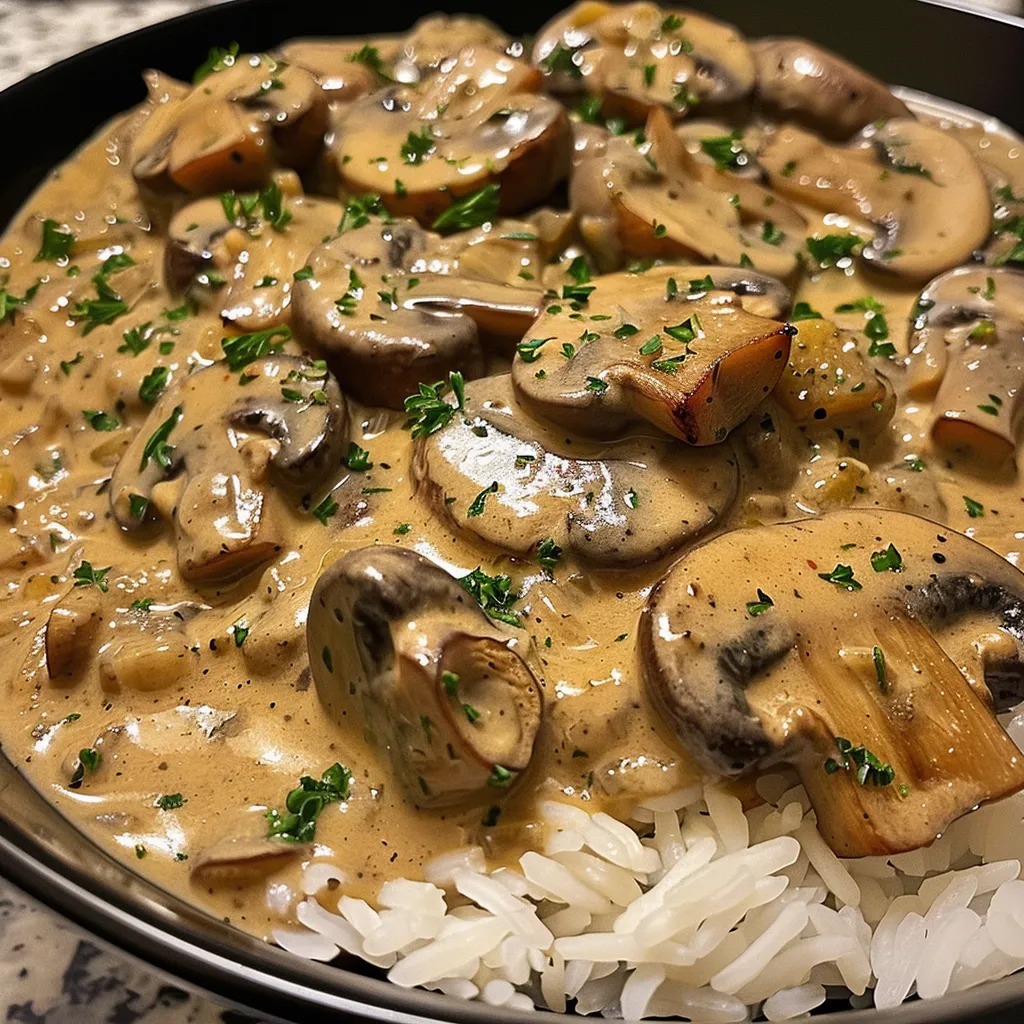 Delicious creamy mushroom stroganoff garnished, displayed in a bowl with rice.