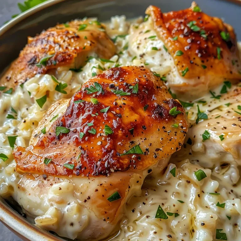 A Cozy Weeknight Delight Creamy Smothered Chicken and Rice Close-up view of creamy smothered chicken served over rice.