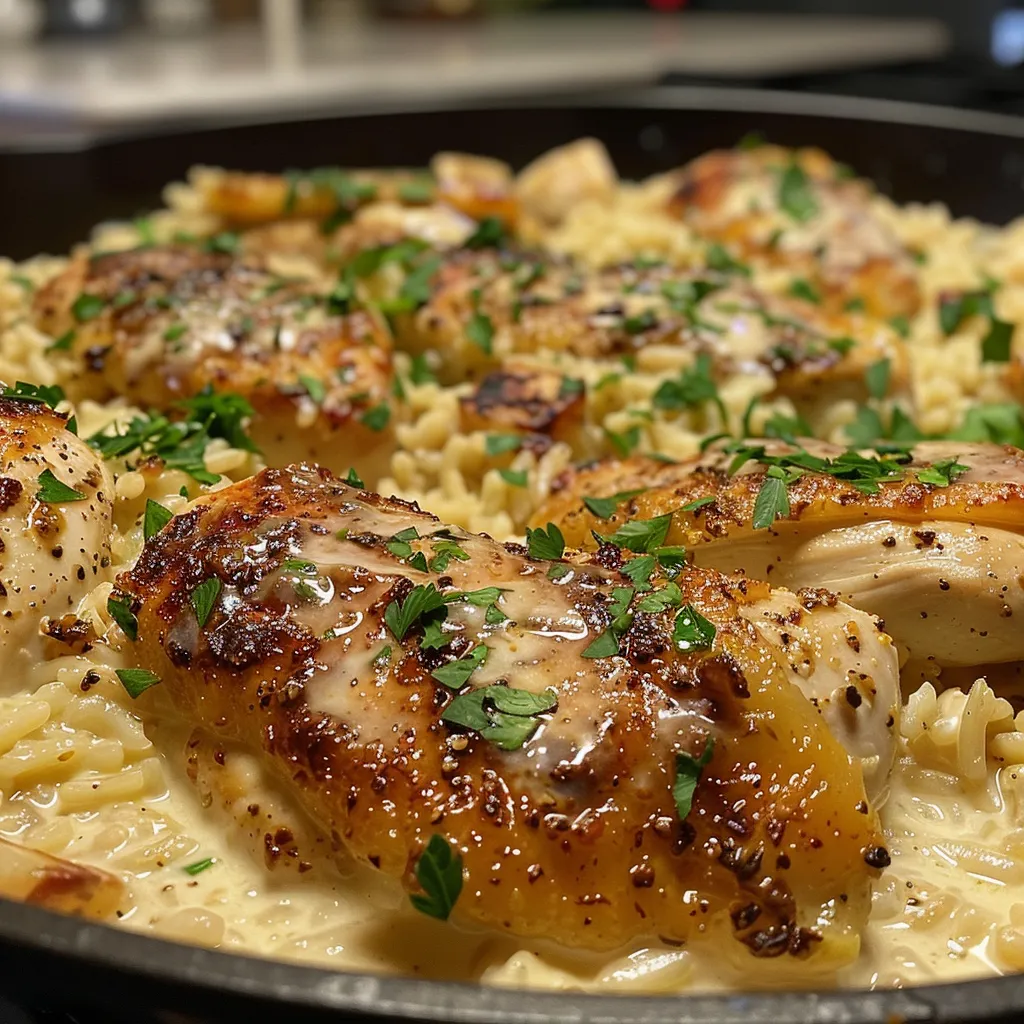 Juicy chicken breasts drenched in creamy sauce with rice on the side.