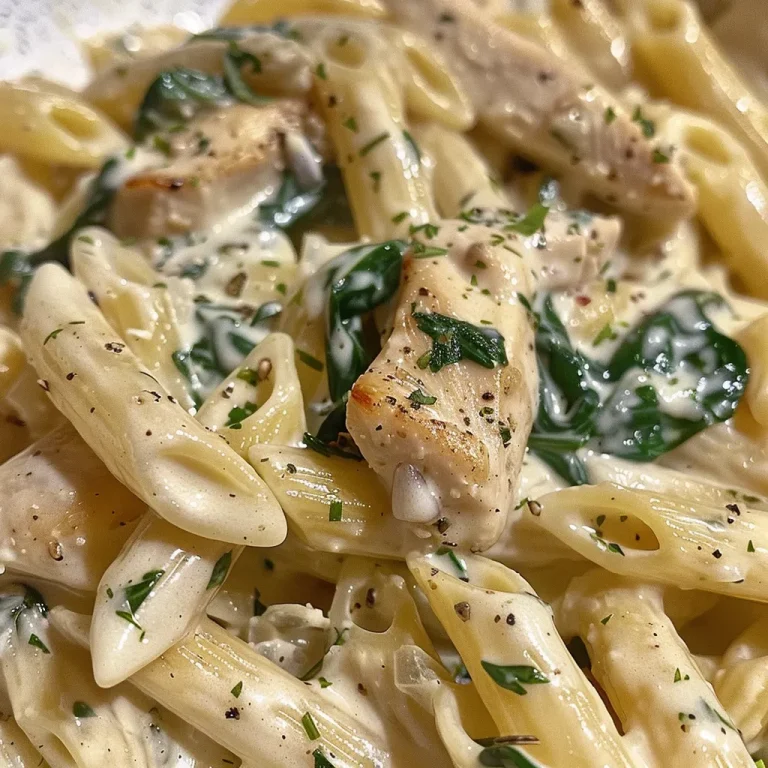 A Cozy Weeknight Delight Creamy Spinach Chicken Pasta Close-up of creamy spinach chicken pasta with vibrant green spinach and golden chicken pieces.