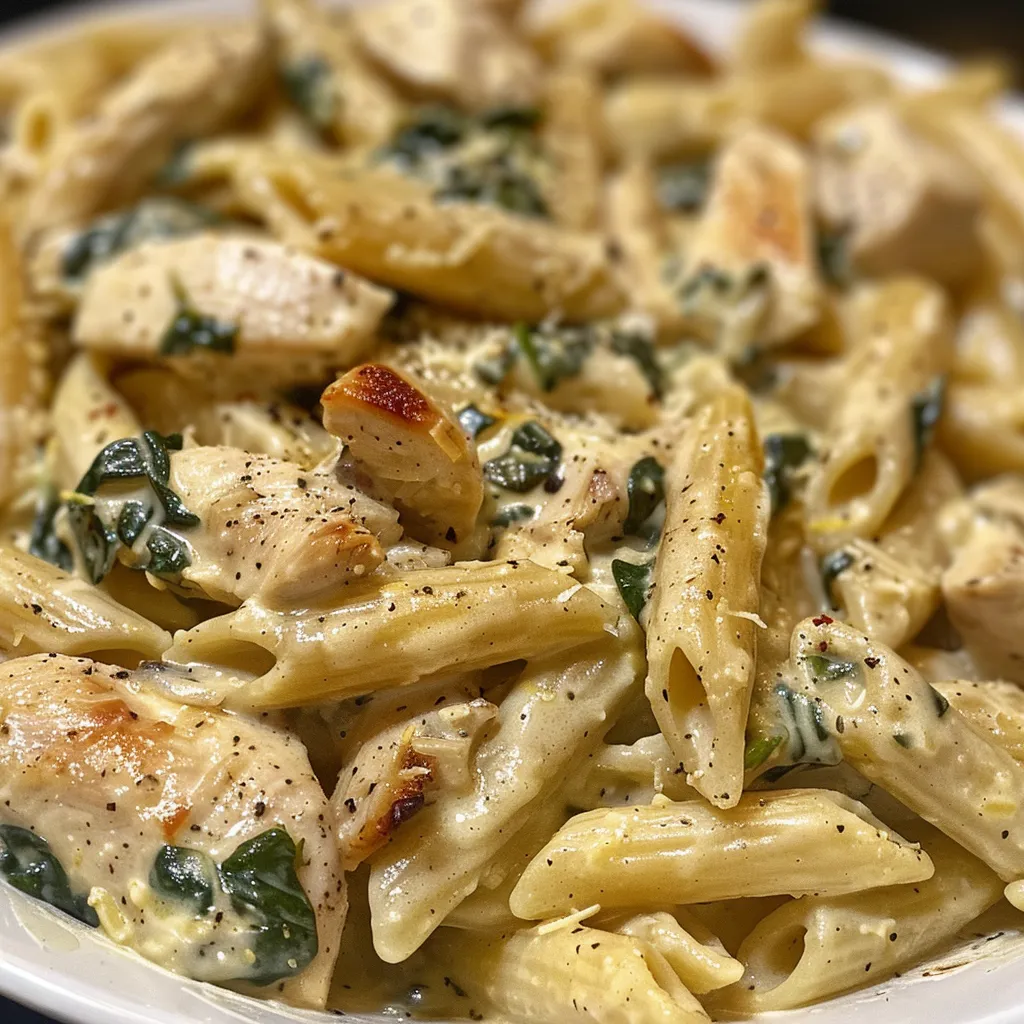 A mouthwatering dish of penne pasta coated in a creamy sauce, with fresh spinach and chicken visible.