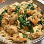 Close-up view of a creamy spinach chicken rice bowl featuring chicken pieces, spinach, and rice.