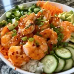A close-up view of Creamy Sriracha Shrimp Poke Bowl featuring vibrant shrimp, rice, and colorful veggies.