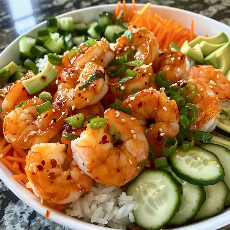 A close-up view of Creamy Sriracha Shrimp Poke Bowl featuring vibrant shrimp, rice, and colorful veggies.