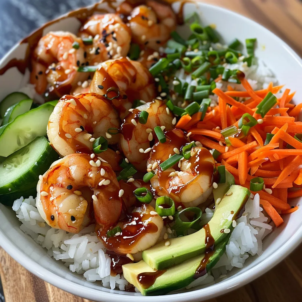 Side view of a mouthwatering shrimp poke bowl topped with creamy sriracha sauce, avocado, and carrots.