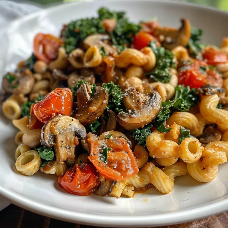 Creamy tomato pasta with mushrooms and kale in a close-up view, highlighting the textures and colors of the dish.