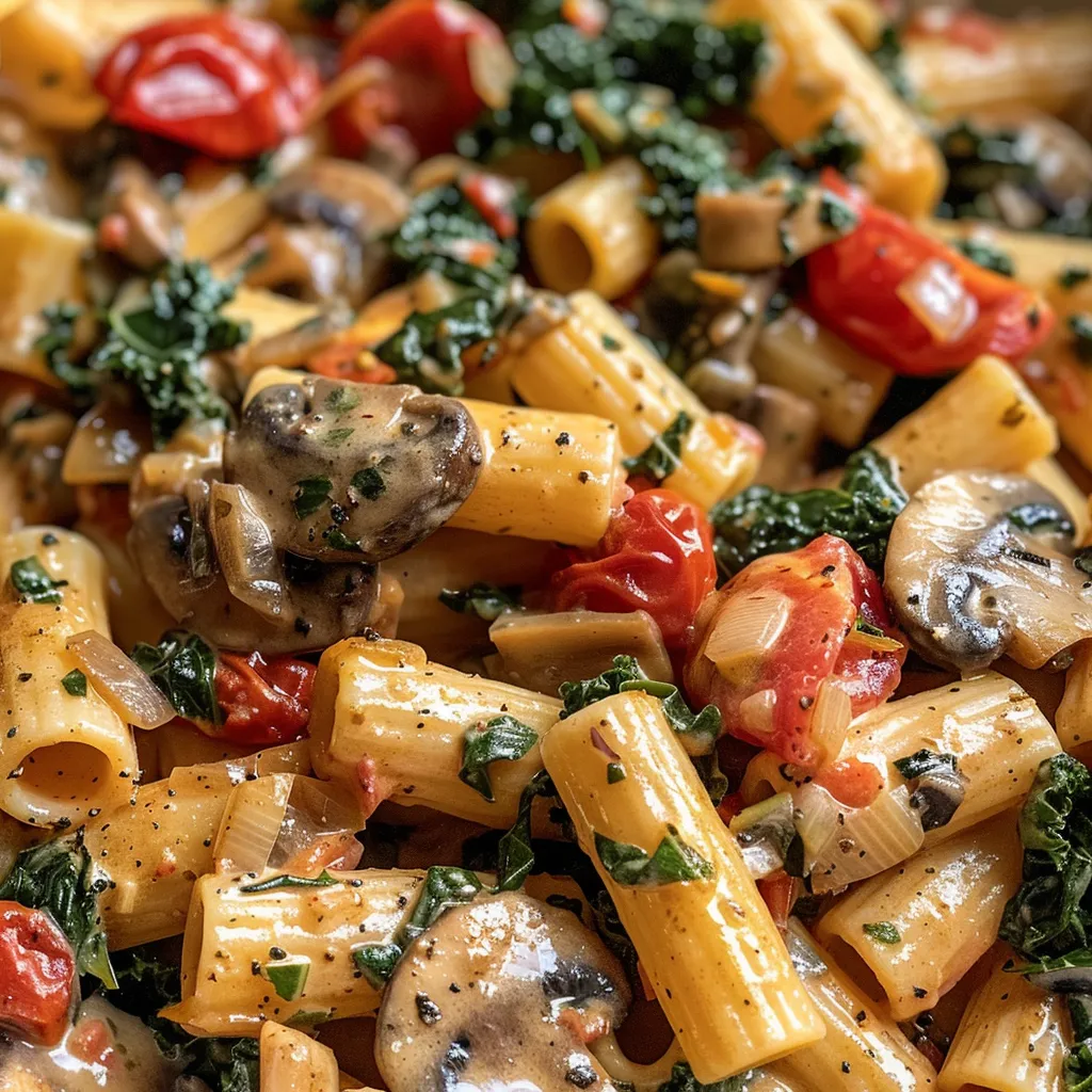A side view of creamy tomato pasta, featuring vibrant cherry tomatoes, chopped mushrooms, and fresh kale.
