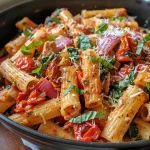 Creamy Tuscan pasta with roasted tomatoes and spinach in a close-up view.