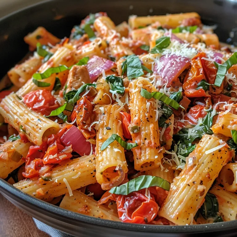 Creamy Tuscan pasta with roasted tomatoes and spinach in a close-up view.
