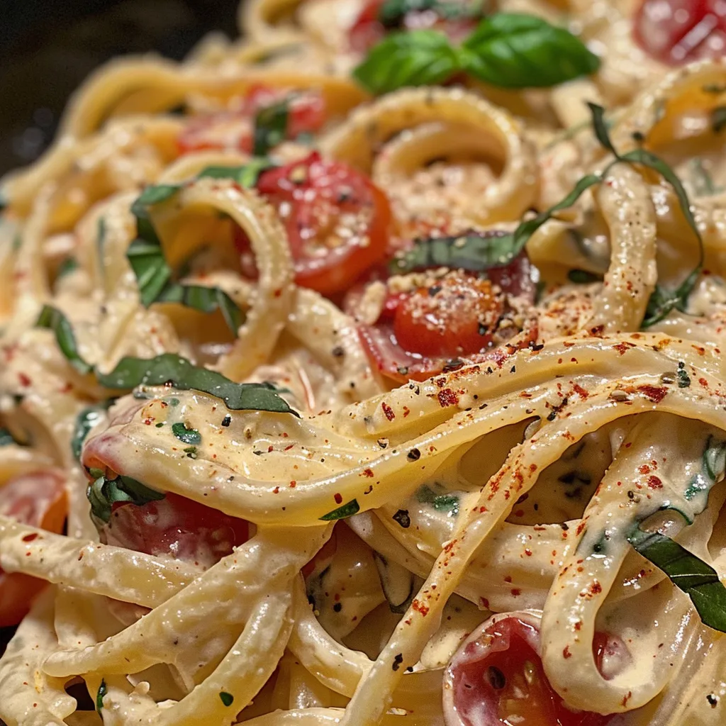 A delicious serving of slow roasted tomato pasta topped with fresh basil and cheese.