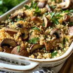 Close-up of Cremini Mushroom and Herb Couscous Stuffing in a rustic dish.