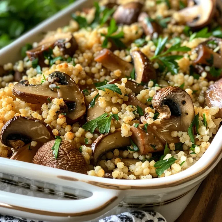 A Flavorful Twist on Classic Stuffing for Busy Weeknights Close-up of Cremini Mushroom and Herb Couscous Stuffing in a rustic dish.