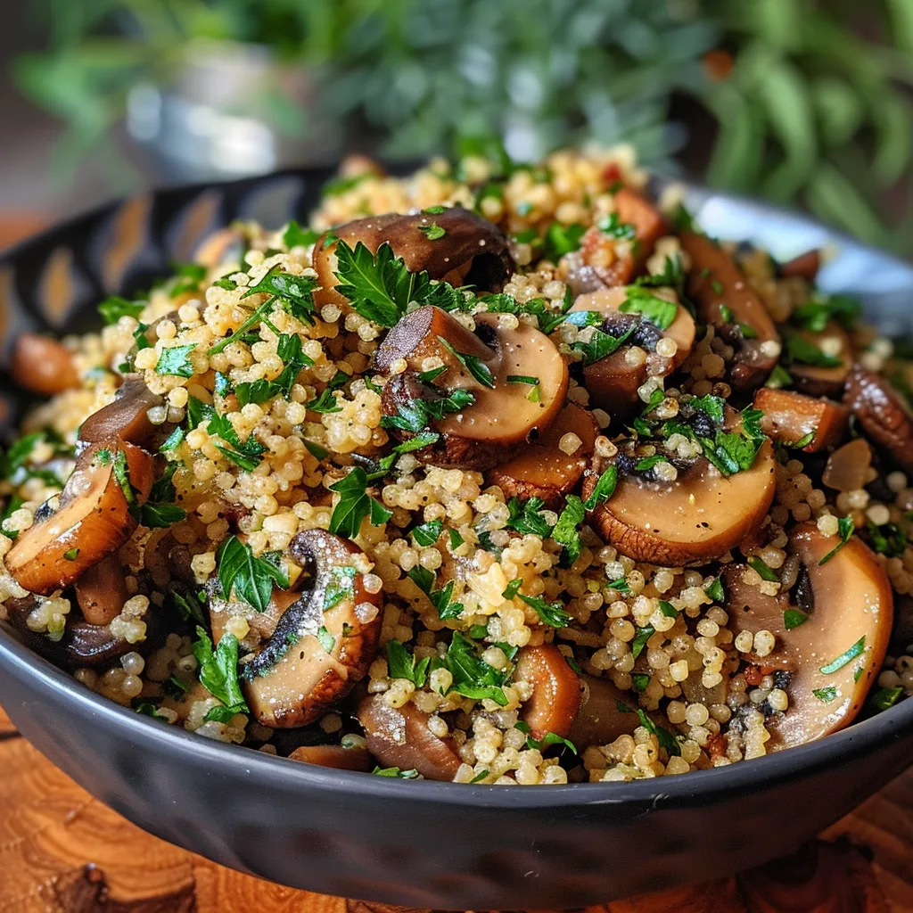 Side view of a savory Cremini Mushroom Couscous Stuffing with herbs.