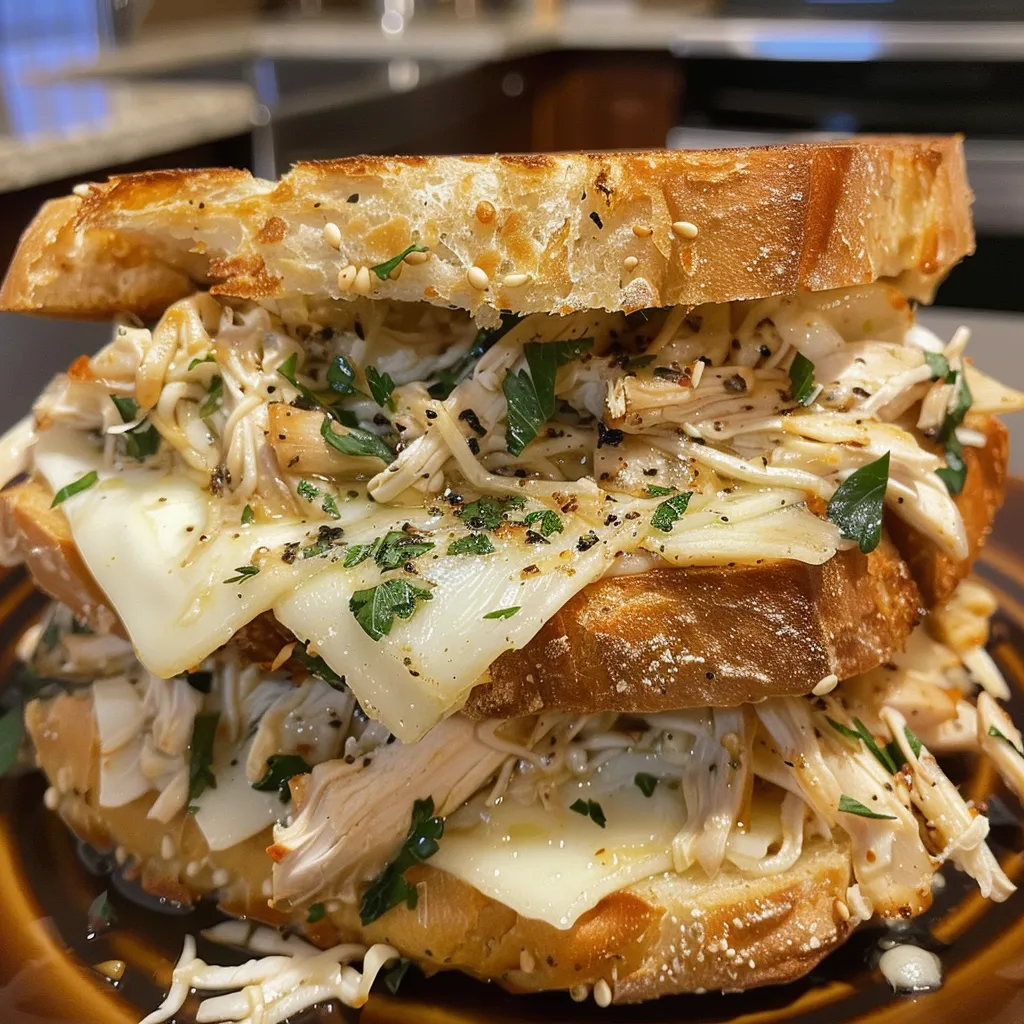 Side view of a juicy crispy chicken garlic sandwich with garlic butter and fresh parsley on toasted sourdough.