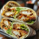 Close-up of a crispy chicken wrap filled with lettuce and tomato.