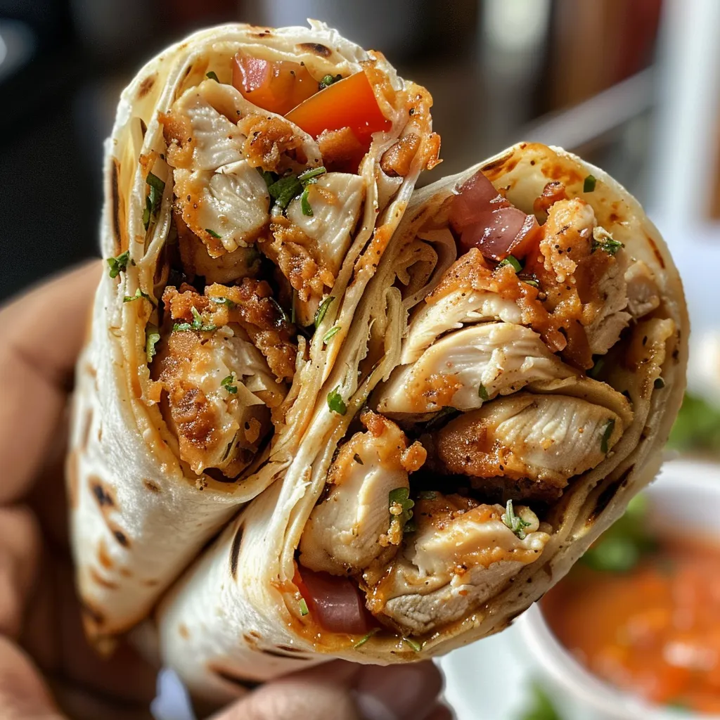 Side view of a juicy chicken wrap showcasing its ingredients.