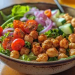A colorful salad bowl filled with crispy chickpeas, mixed greens, diced cucumber, cherry tomatoes, and red onion.