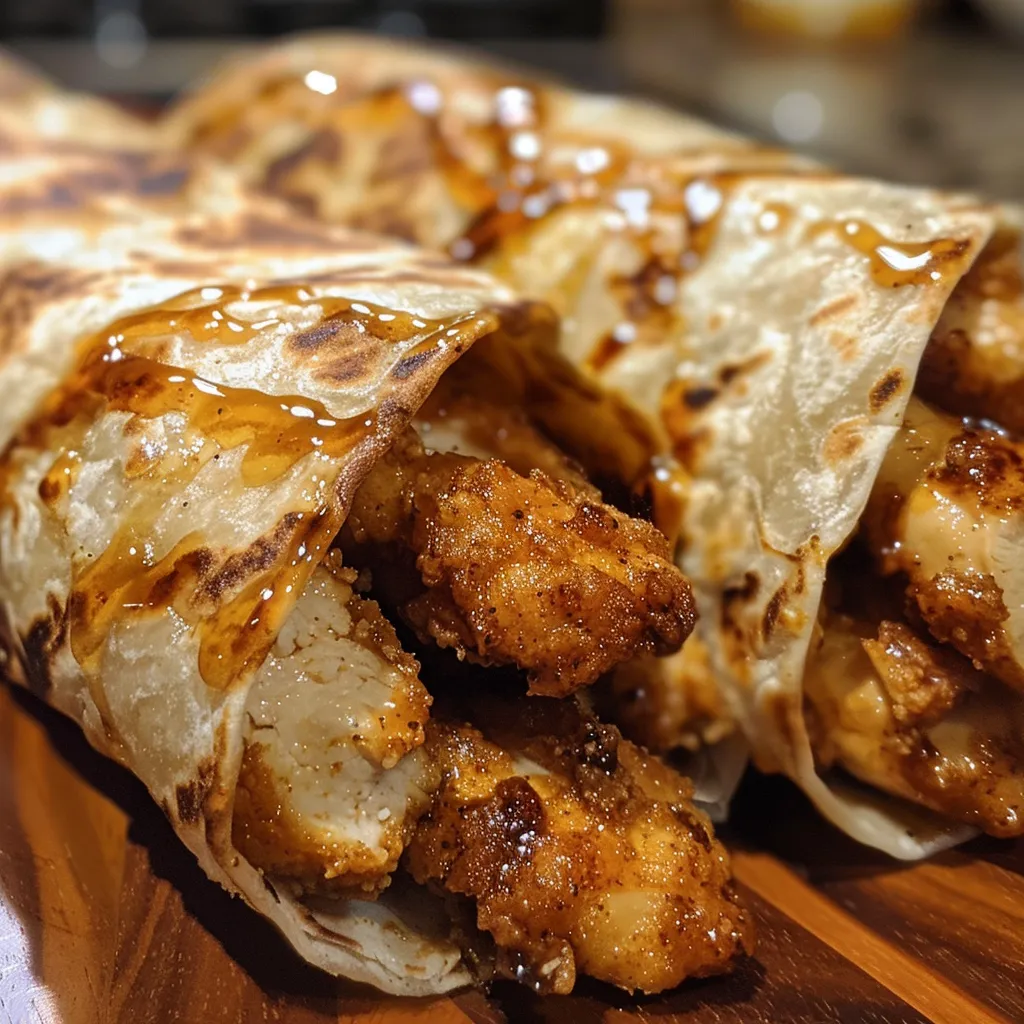 Side view photograph of a delicious chicken wrap filled with crispy chicken and drizzled with honey.