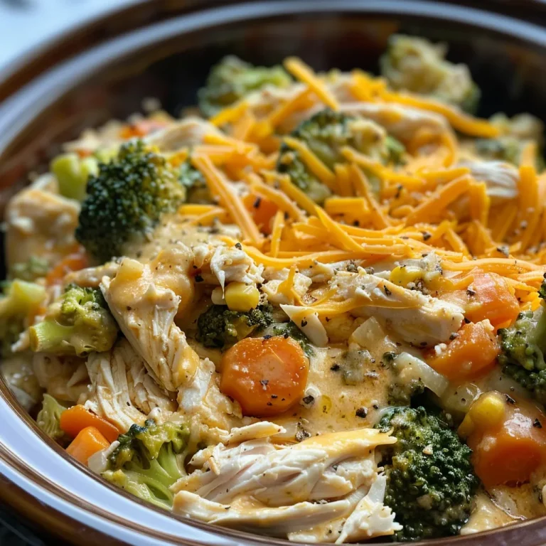 Close-up side view of a creamy Crockpot Chicken and Veggie Casserole with melted cheese on top.