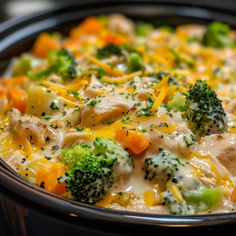 Juicy Crockpot Chicken and Veggie Casserole with colorful mixed vegetables.