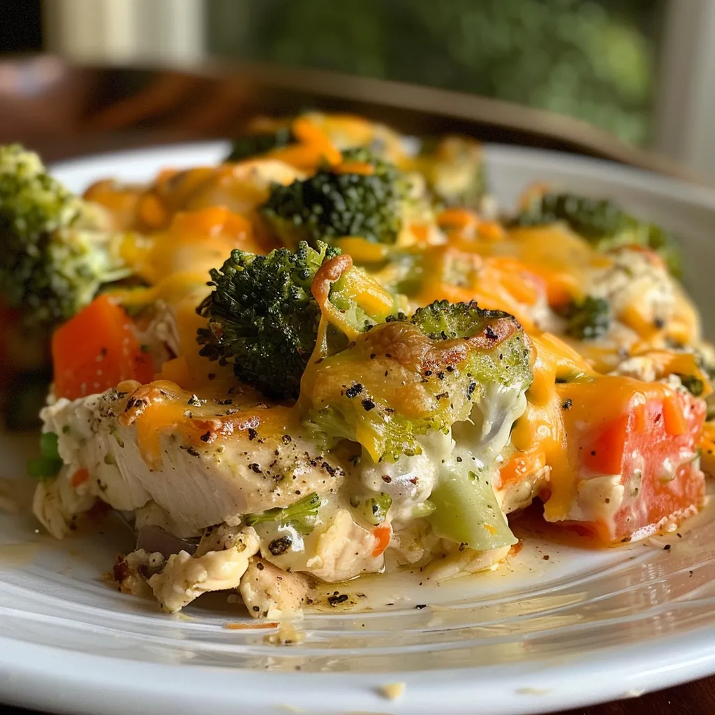 Juicy chicken and colorful vegetables in a creamy casserole, viewed from the side.