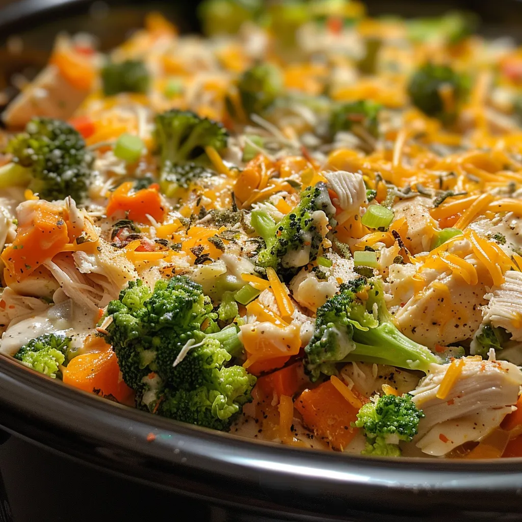 Close-up view of creamy chicken casserole with broccoli, carrots, and bell peppers.