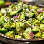 Close-up of a vibrant cucumber and avocado salad with cherry tomatoes and red onion.
