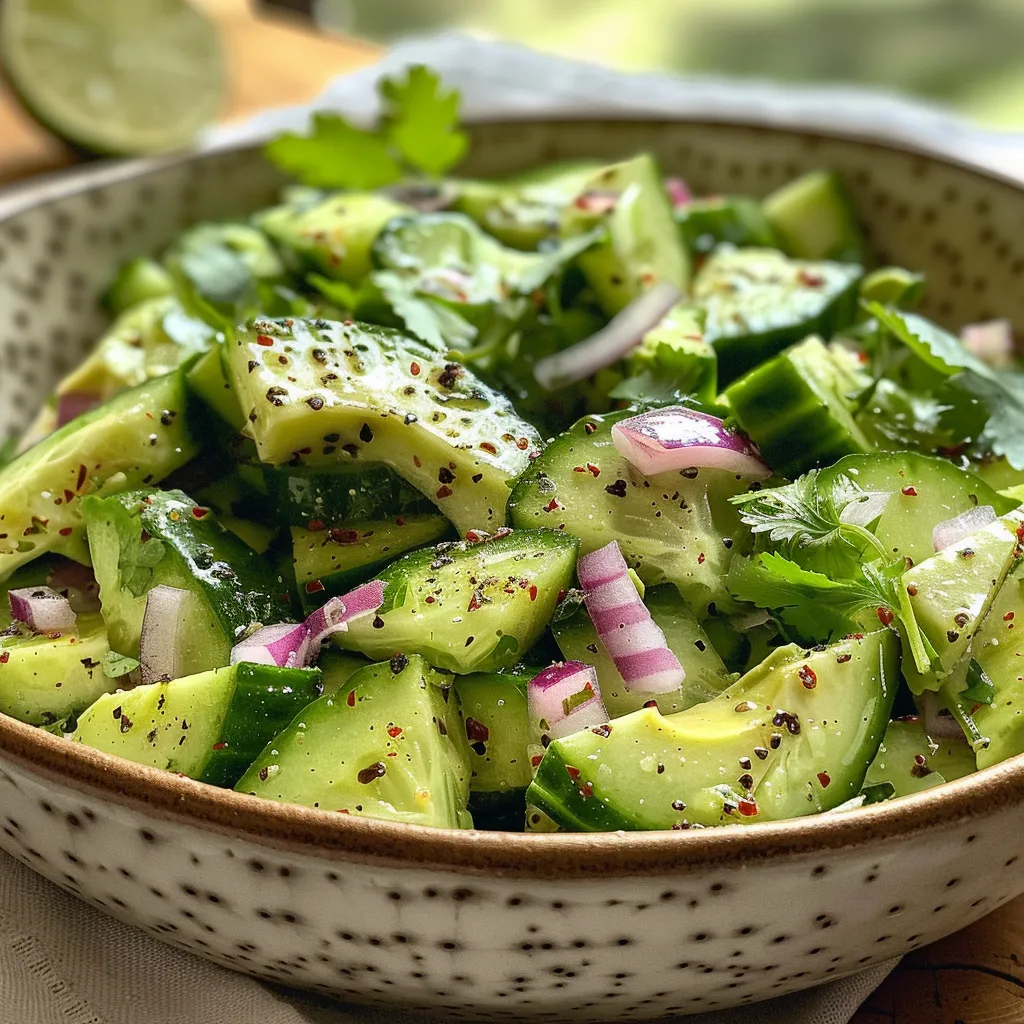 A refreshing salad featuring sliced cucumbers, diced avocado, and halved cherry tomatoes.